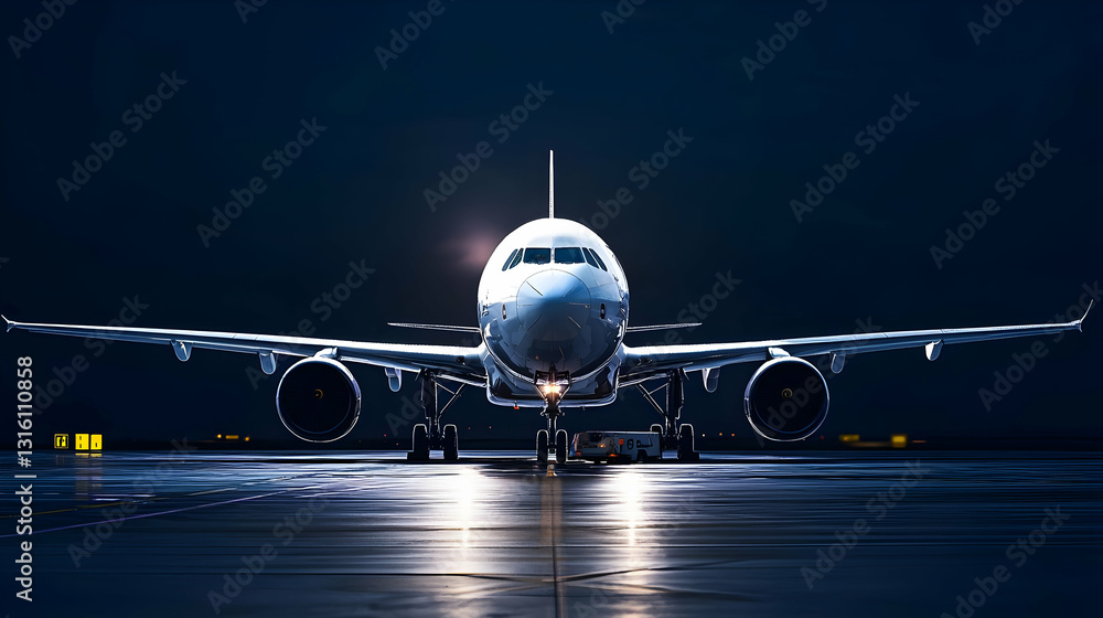 Fototapeta premium Dramatic Low Light Front View of a Modern White Passenger Airplane on a Wet Tarmac at Night Ready for Takeoff