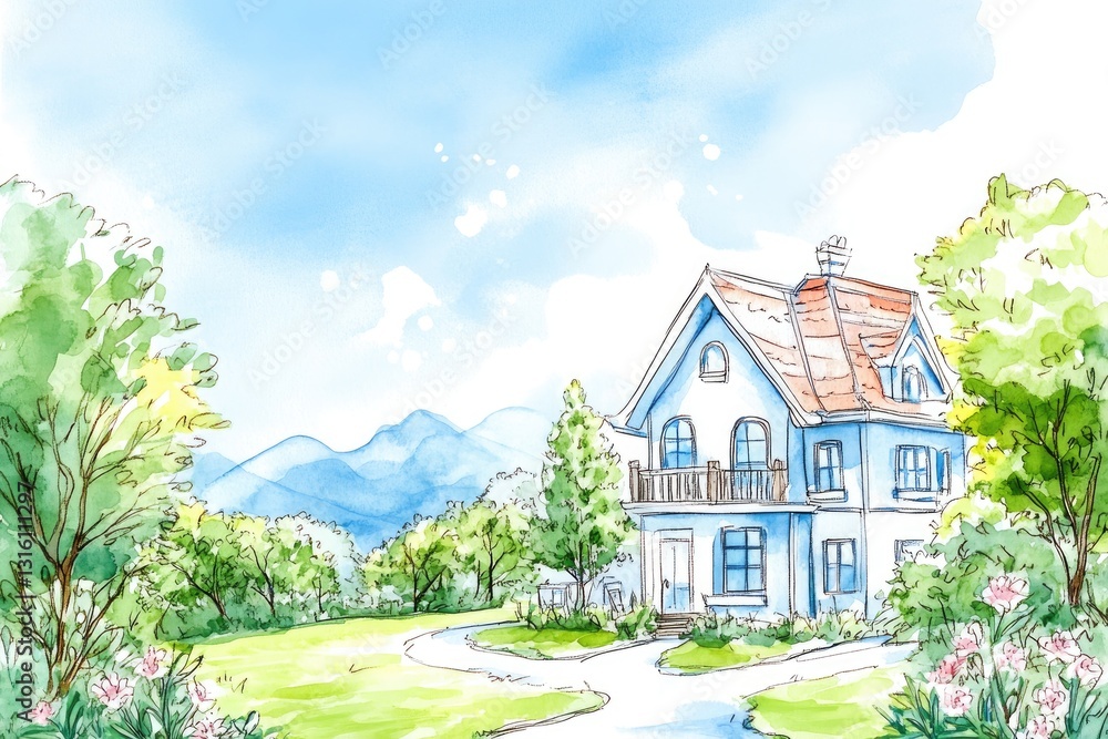 A charming house stands amidst lush greenery and vibrant flowers, with soft pastel colors capturing the tranquility of a sunny spring day in nature's embrace A charming house stands amidst lush greenery and vibrant flowers, with soft pastel colors capturing the tranquility of a sunny spring day in nature's embrace