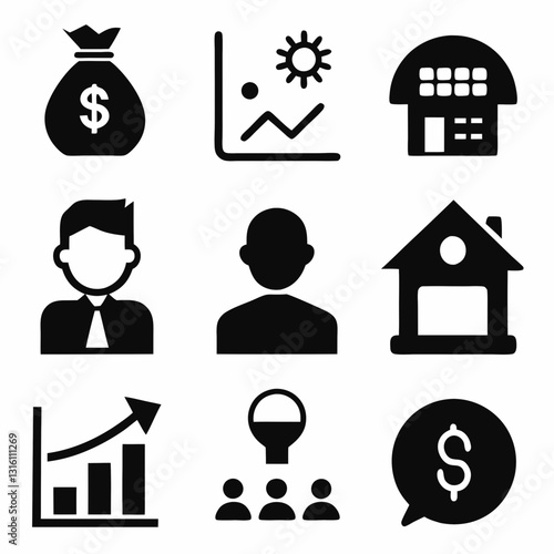 Set of 9 icon lose money, bankruptcy, silhouette collection Vector art illustration. real estate icons