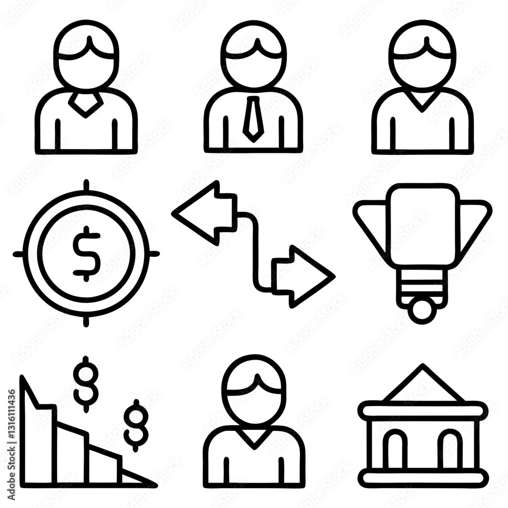 Set of 9 icon lose money, bankruptcy, silhouette collection Vector art illustration. business people icons Set of 9 icon lose money, bankruptcy, silhouette collection Vector art illustration. business people icons
