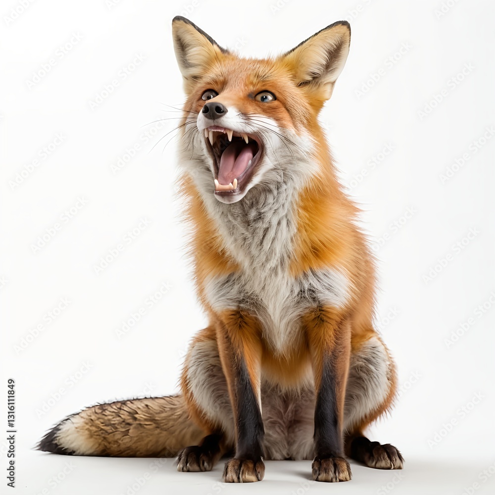 Fototapeta premium Red Fox Sitting, Yawning, White Background
