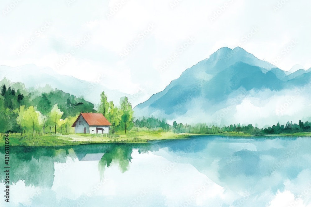 Obraz premium Soft pastel tones and delicate brushstrokes depict a serene spring landscape with lush trees, a tranquil lake, and a quaint cottage set against majestic mountains