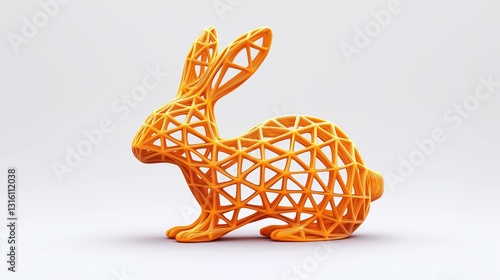 Modern geometric 3D rabbit sculpture in bright orange