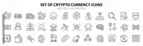 Cryptocurrency set of web icons in line style. Crypto technology and Blockchain icons for web and mobile app. Crypto currency, bitcoin, NFT, technology, decentralized finance, encryption, token