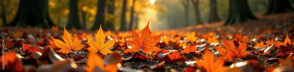 Burnt orange maple leaves scattered on forest floor, fall colors, fall landscape, forest floor Burnt orange maple leaves scattered on forest floor, fall colors, fall landscape, forest floor