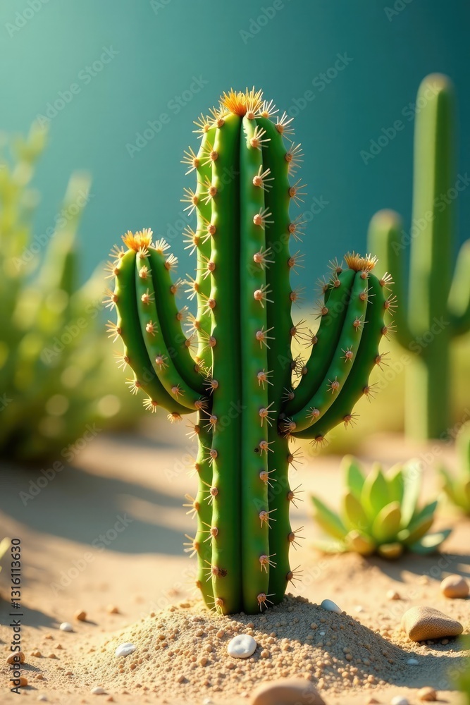 Cactus grows in sandy soil with greenery around, plant life, arid land, desert bloom Cactus grows in sandy soil with greenery around, plant life, arid land, desert bloom