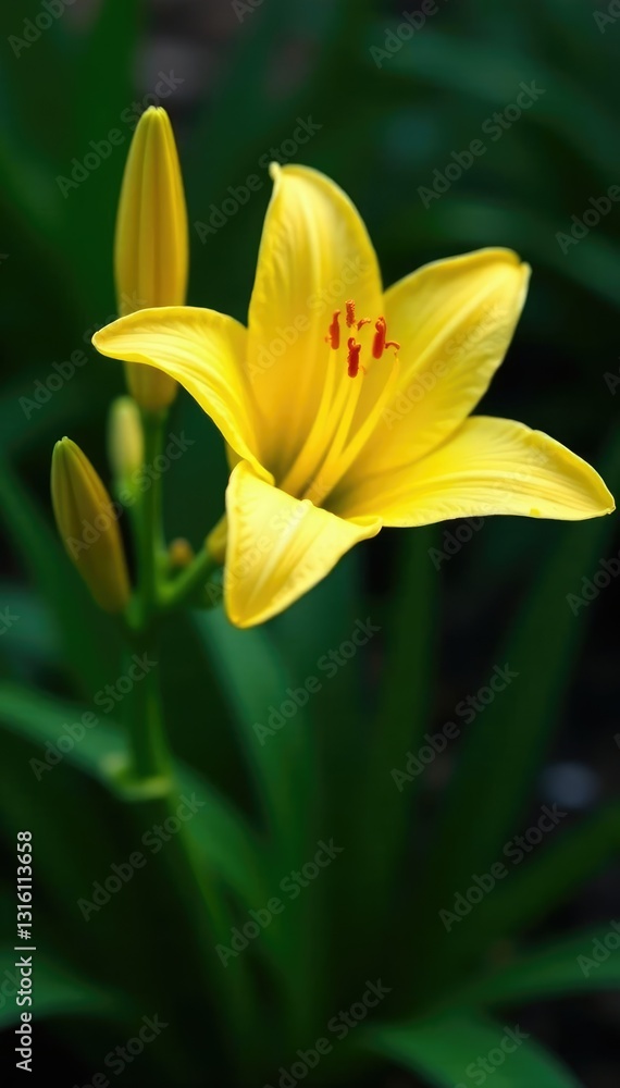 Fototapeta premium Delicate yellow petals unfurl in raindrop-kissed garden, lilium tigrinum, bloom