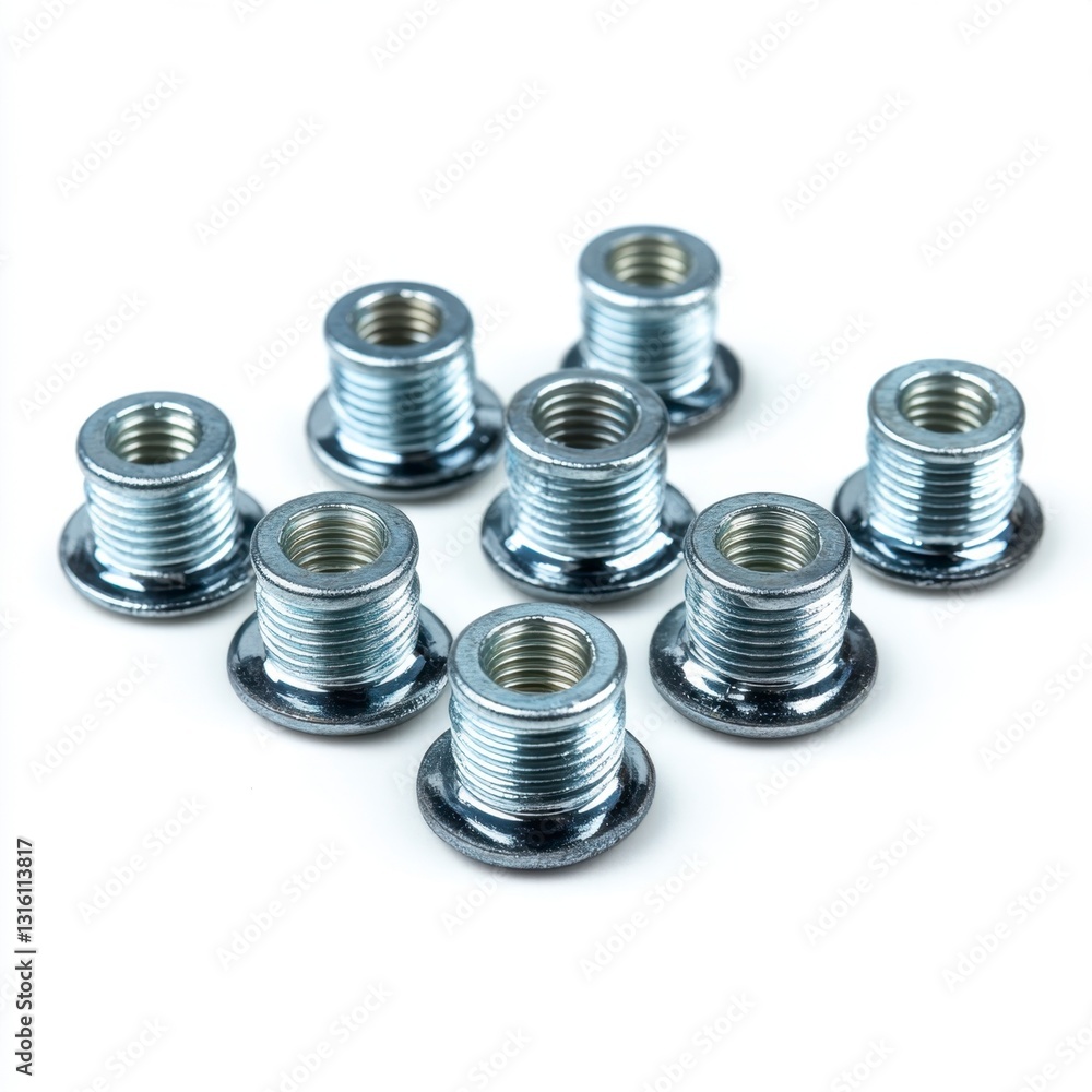 Eight metallic threaded inserts arranged on a white background. Close up product shot showcasing intricate details of the metal. Eight metallic threaded inserts arranged on a white background. Close up product shot showcasing intricate details of the metal.