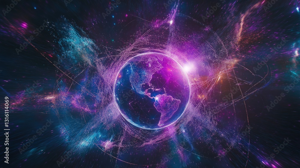 Obraz premium Futuristic Earth-centered network with glowing crypto nodes and IoT connections, symbolizing global digital connectivity.