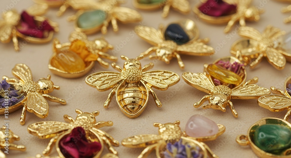 Golden Bee Charms Embellished with Colorful Stones and Flower Petals Golden Bee Charms Embellished with Colorful Stones and Flower Petals