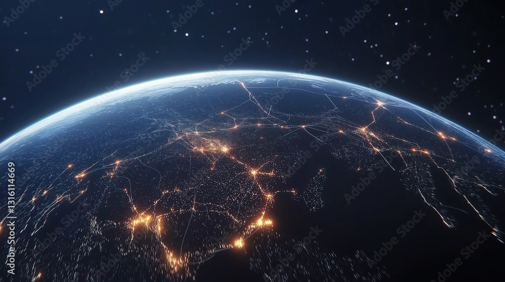 Obraz premium Futuristic Earth-centered network with glowing crypto nodes and IoT connections, symbolizing global digital connectivity.