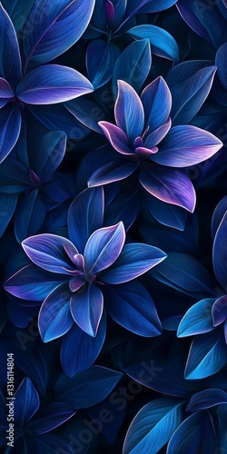 Blue Leaves, Floral Pattern, Dark Background, Nature, Plant, Petal, Blossom, Bloom, Botanical, Foliage