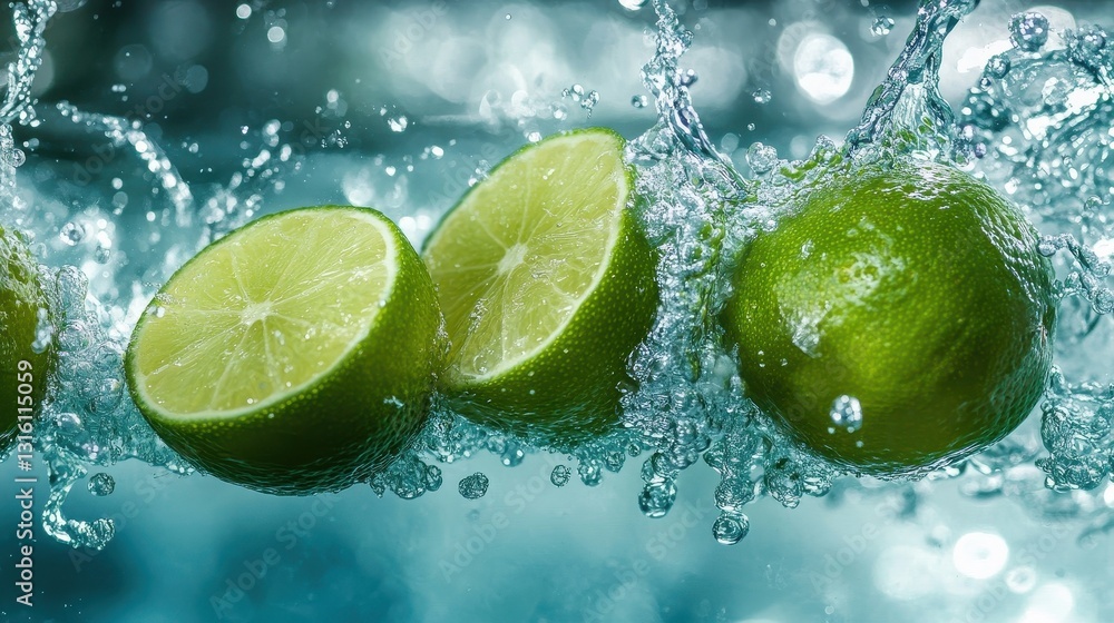 Fresh Limes Sliced in Water with Splashing Bubbles and Bright Light Fresh Limes Sliced in Water with Splashing Bubbles and Bright Light