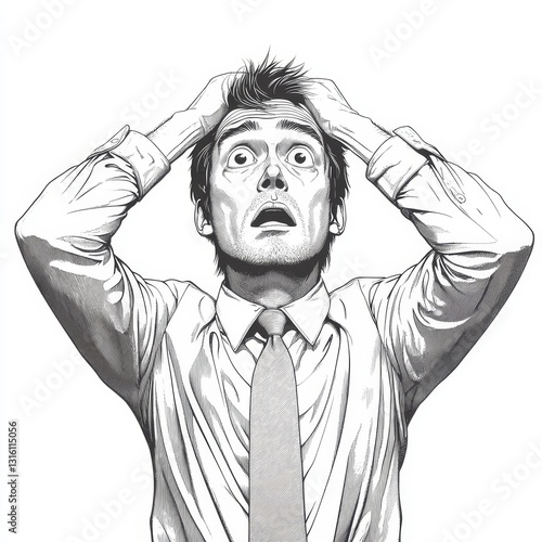 A black and white image, generated by AI, shows a fictional character, a man in a suit, looking distressed as he holds his head, possibly frustrated or in deep thought, with the illustration rendered