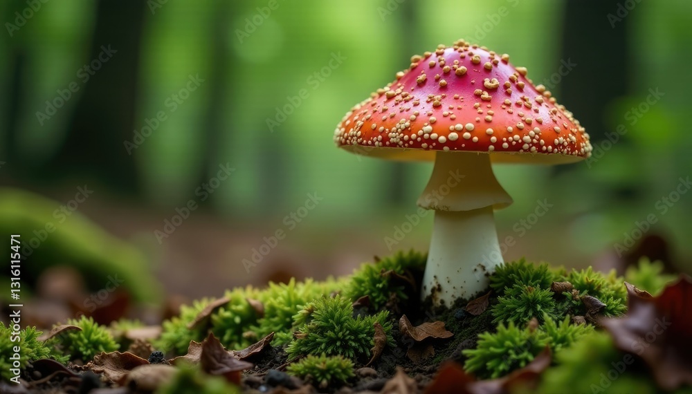 Amanita muscaria fruiting body on forest ground, woodland landscape, mushrooms, ecosystem Amanita muscaria fruiting body on forest ground, woodland landscape, mushrooms, ecosystem