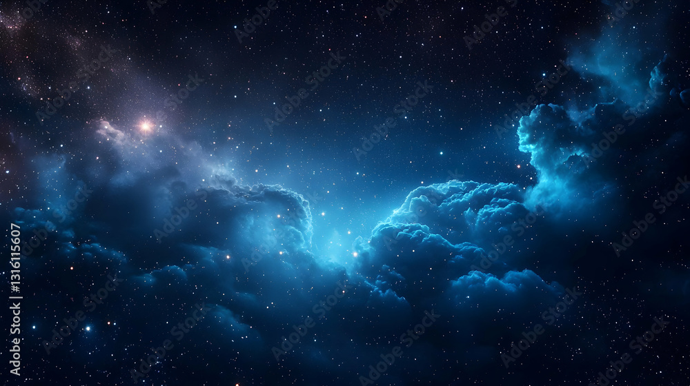 Fototapeta premium Deep Space Nebula With Glowing Blue Clouds Interstellar Dust And Bright Stars In The Dark Night Sky Cosmic Background For Space Exploration