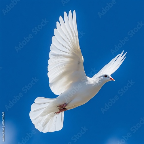 Good friday blessings, White dove in flight, elegant bird soaring against a bright blue sky, symbolizes peace and freedom, ideal for uplifting messages. photo