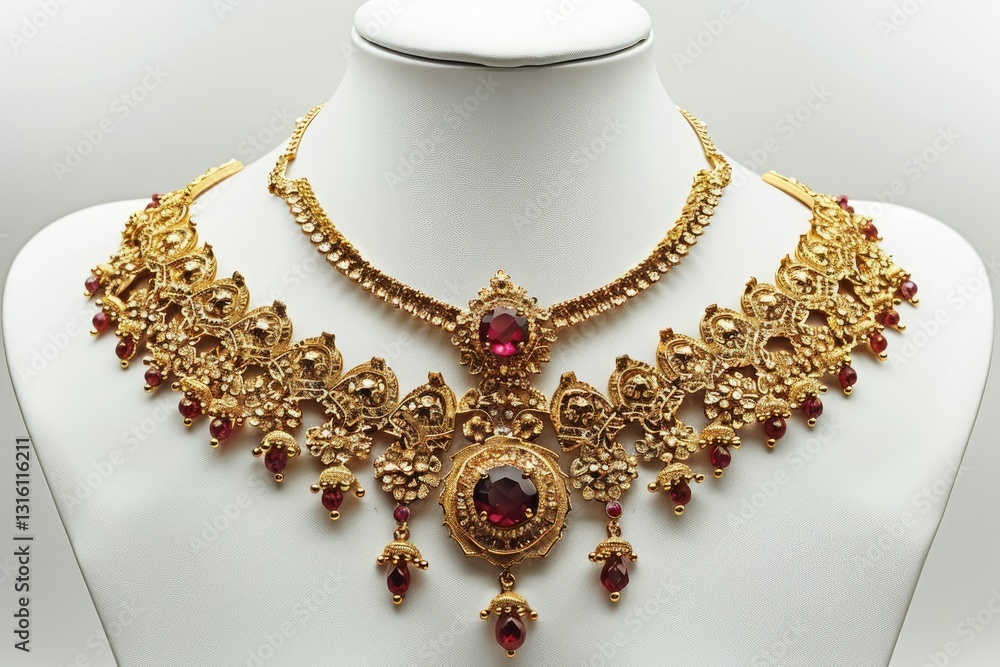 Beautiful Gold Necklace with Gem and Earrings on Mannequin Isolated on White Beautiful Gold Necklace with Gem and Earrings on Mannequin Isolated on White