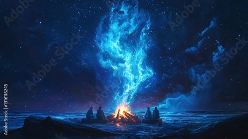 Mystical campfire with blue flames under starry night sky.