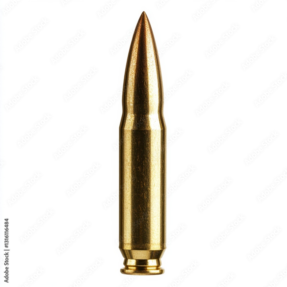 Close up view of a single, gold colored bullet against a stark white background. The bullet is sharply focused, showcasing its metallic texture and pointed tip. Close up view of a single, gold colored bullet against a stark white background. The bullet is sharply focused, showcasing its metallic texture and pointed tip.