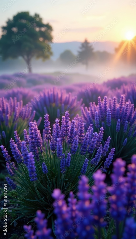 Fototapeta premium Gentle morning mist caresses the delicate petals of a vast sea of purple lavender, landscape, green