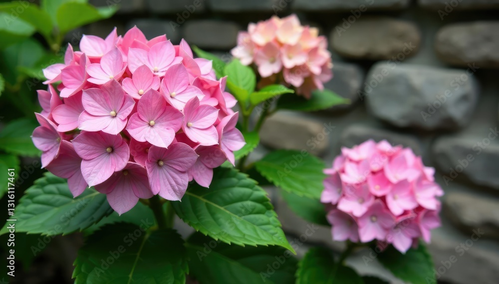 Gentle pink hue of hydrangeas against stone wall, spring, garden fence, nature Gentle pink hue of hydrangeas against stone wall, spring, garden fence, nature