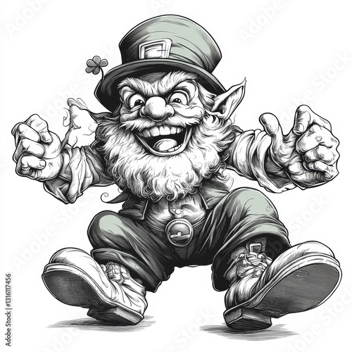 In a black and white image, a leprechaun is shown wearing a top hat and bowtie, standing with open arms and a welcoming pose, in a sketch engraving raster illustration generated by AI, with a scratch