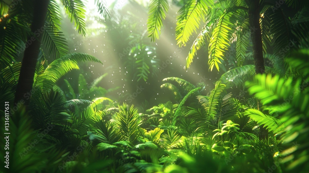 Lush tropical rainforest with sun rays penetrating through canopy. Lush tropical rainforest with sun rays penetrating through canopy.