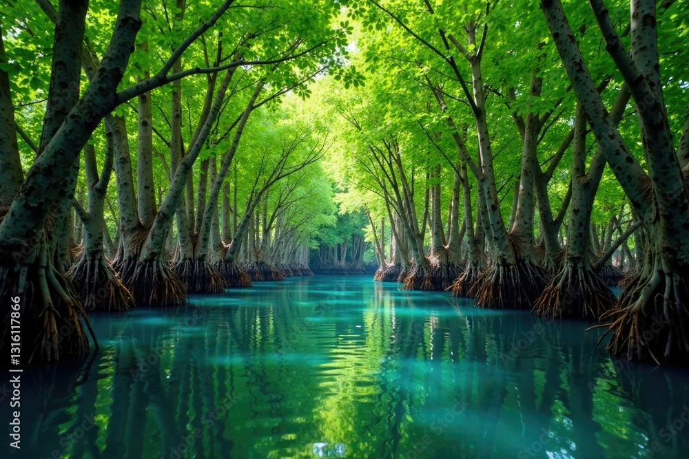 Mangrove trees with trunks submerged in calm water, nature, mangrove, tree Mangrove trees with trunks submerged in calm water, nature, mangrove, tree