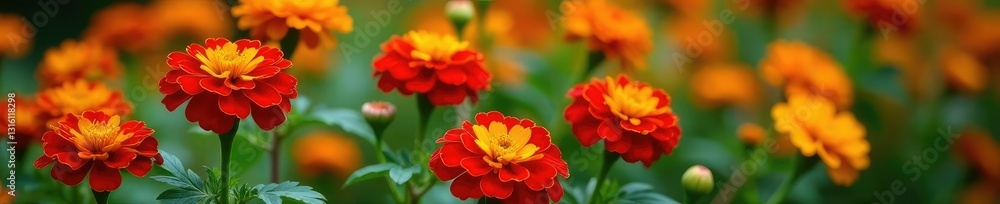 Marigold bush with bright red and yellow petals and delicate green stems, details, flowers Marigold bush with bright red and yellow petals and delicate green stems, details, flowers