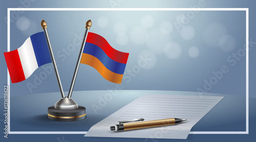 France and Armenia National flags on small table with bokeh background, cooperative relationship. Template vector Illustration