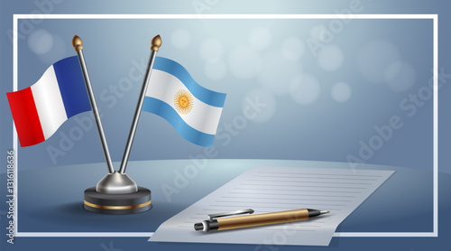 France and Argentina National flags on small table with bokeh background, cooperative relationship. Template vector Illustration