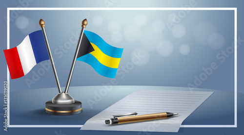 France and Bahamas National flags on small table with bokeh background, cooperative relationship. Template vector Illustration