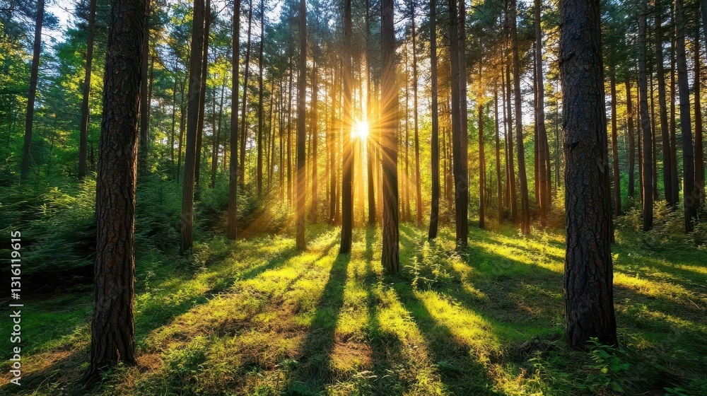 Obraz premium Sunlight Streaming Through Trees in a Serene Forest Landscape