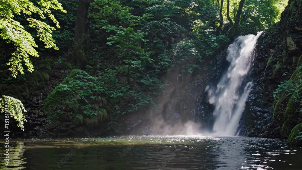 A serene waterfall cascades into a pool, surrounded by lush greenery. Captured from a low angle, perfect for a tranquil nature video scene. Live desktop wallpaper. A serene waterfall cascades into a pool, surrounded by lush greenery. Captured from a low angle, perfect for a tranquil nature video scene. Live desktop wallpaper.