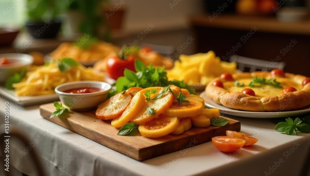 Mesa de banquete con diferentes tipos de comida, panes, frutas, condimentos Mesa de banquete con diferentes tipos de comida, panes, frutas, condimentos