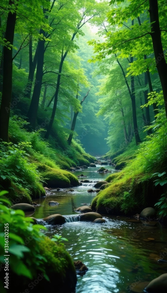 Fototapeta premium Riverbank covered with lush greenery and ferns, foliage, plant, vegetation