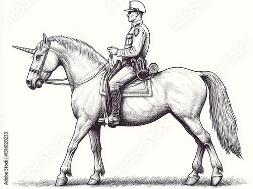 In a black and white PNG image created with generative AI, a uniformed police officer is shown riding a galloping unicorn, fusing realistic and fantastical elements in a playful and imaginative