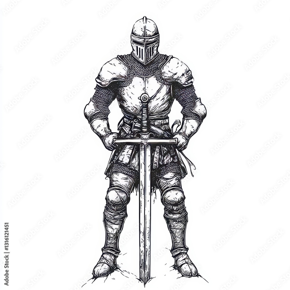 In a black and white scratch board imitation, a generative AI raster illustration depicts a knight in full armor crucified on a wooden cross, exemplifying medieval valor, faith, and sacrifice in a In a black and white scratch board imitation, a generative AI raster illustration depicts a knight in full armor crucified on a wooden cross, exemplifying medieval valor, faith, and sacrifice in a