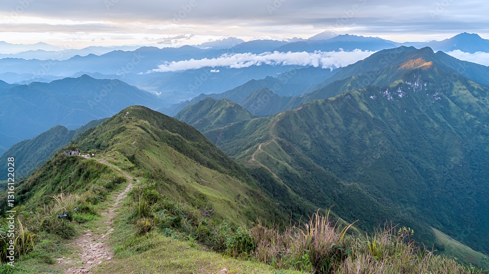 Naklejka premium Vast Mountain Range Panorama Under a Cloudy Sky