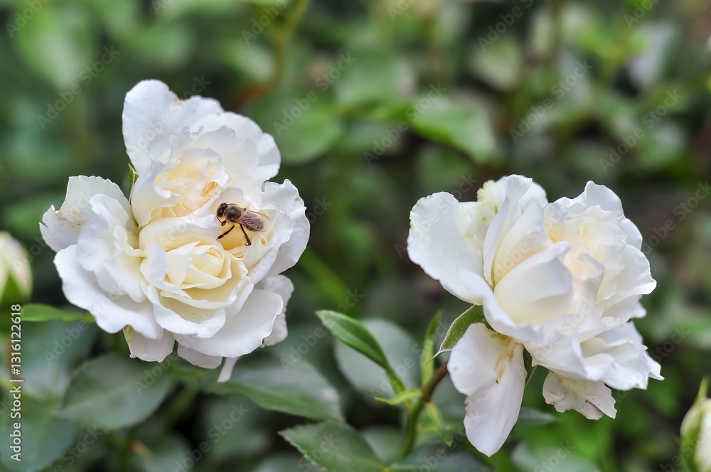 A honeybee diligently collects nectar from a pristine white rose, its petals gently unfurling in the warm sunlight. A honeybee diligently collects nectar from a pristine white rose, its petals gently unfurling in the warm sunlight.