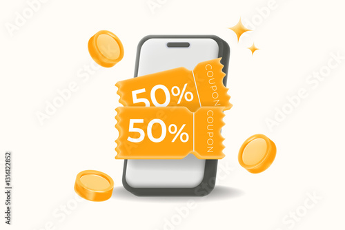 Mobile discount coupons with 50% off, golden coins, and sparkling effects. ecommerce, cashback, online deals, and digital promotions. 3d vector illustration