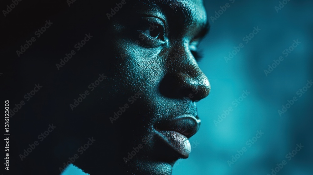 Close-up profile of a pensive, dark-skinned man. Close-up profile of a pensive, dark-skinned man.