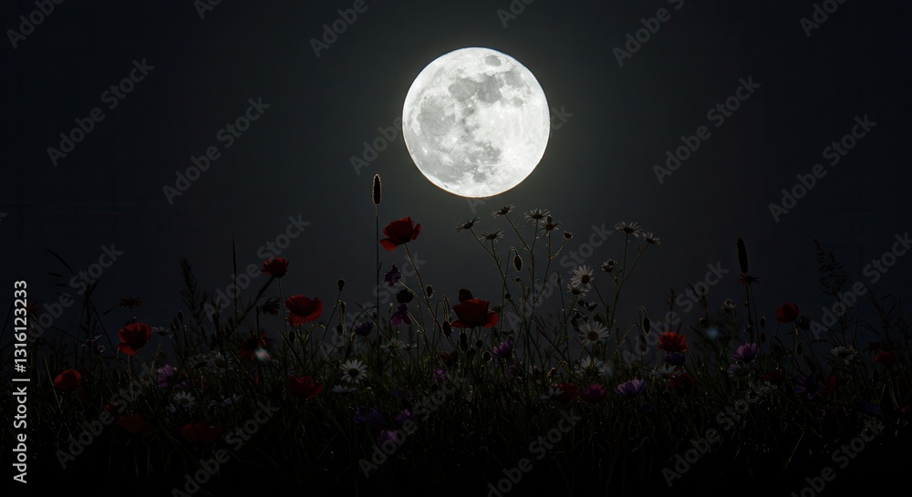 Fototapeta premium Full Moon Shining Over Wildflowers at Night Creating a Magical Scene