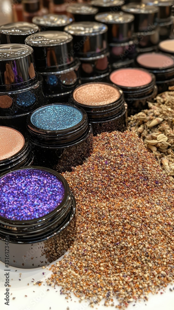 A close-up view of a beautifully arranged table showcasing an array of vibrant eyeshadows in various colors, including bold blues, soft pinks, and earthy tones, all in stylish containers. A close-up view of a beautifully arranged table showcasing an array of vibrant eyeshadows in various colors, including bold blues, soft pinks, and earthy tones, all in stylish containers.