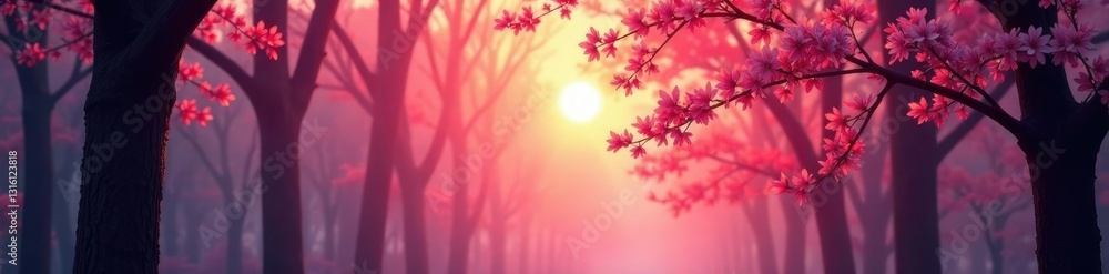 Soft pink dawn light peeks through tree branches, sunrise, morning Soft pink dawn light peeks through tree branches, sunrise, morning