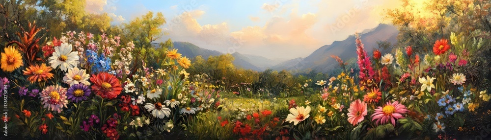 Fototapeta premium Vibrant Floral Landscape with Mountains and Evening Sky Glow