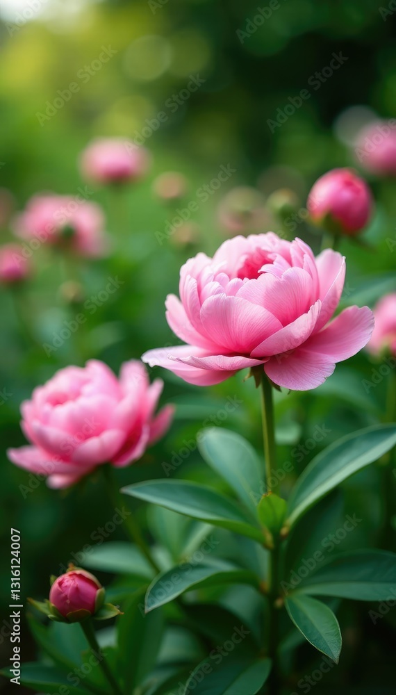 Soft pink peonies in the soft focus blur of a lush garden backdrop, foliage, peonies Soft pink peonies in the soft focus blur of a lush garden backdrop, foliage, peonies