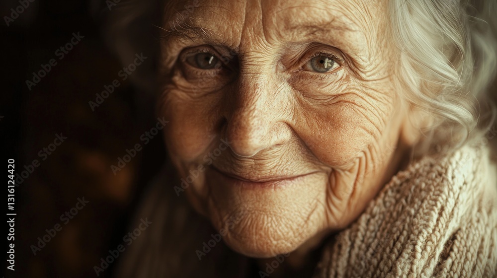 Close-up portrait of a smiling elderly woman with wrinkles and warm light. Close-up portrait of a smiling elderly woman with wrinkles and warm light.