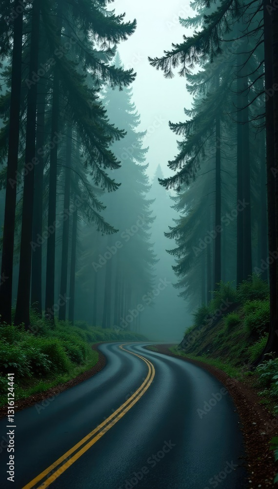 Obraz premium Vertical road winding through dense coniferous forest canopy, misty, nature, green